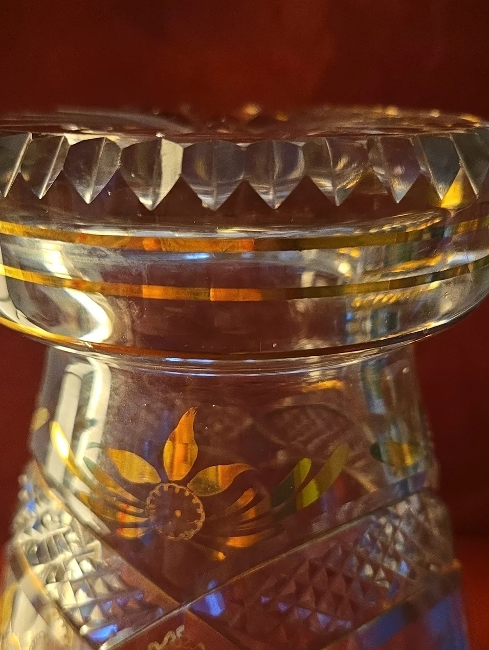 Vintage Bohemian Cut Crystal Vase With Gold Gilding.